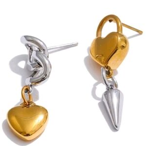 Heart & Spike Mix Matched Drop Earrings • Gold Plated Stainless Steel • NWOT
